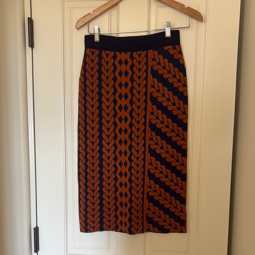 Anthropologie Orange and Blue Midi Pencil Skirt for Work